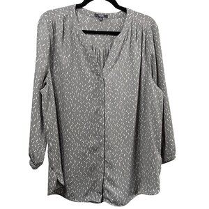 NYDJ Gray Printed Pleated Blouse L Button Front 3/4 Sleeve Lightweight Top